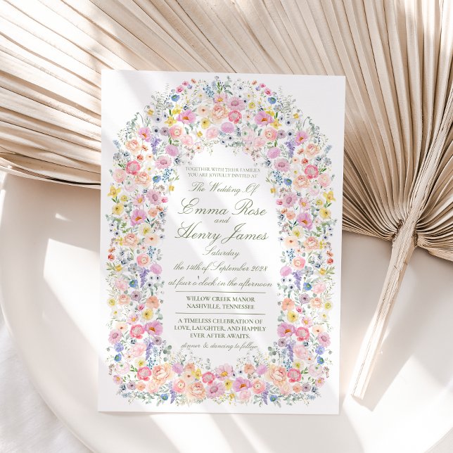 Convites Arco Floral de Flores Silvestres de Prado Casament (Meadow Wildflower Floral Arch Cottagecore Wedding Invitation)