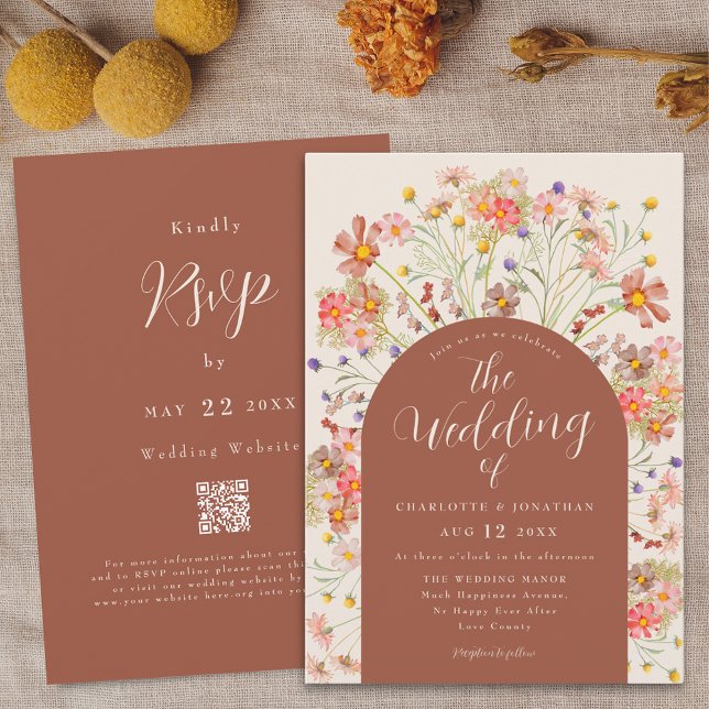 Convites Arco Floral de Outono Boho Terracota Casamento (Boho fall rustic wildflower floral arch terracotta burnt orange beige wedding qr code invitation )