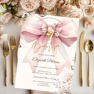Convites Arco Floral Elegante Cruzes Douradas Rosas Batismo
