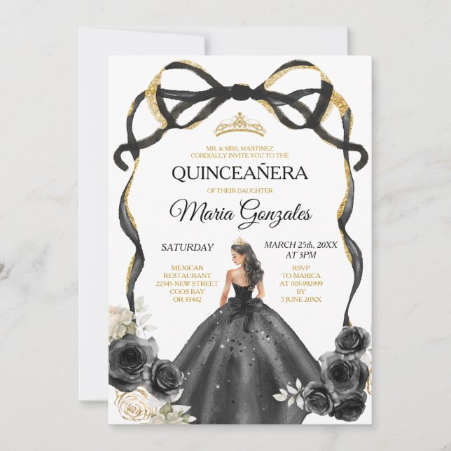 Convites Arco Floral Negro Princesa Dourada Quinceañera (Frente)