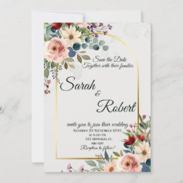 Convites Arco Floral Romântico em Dourado Casamento Salve a