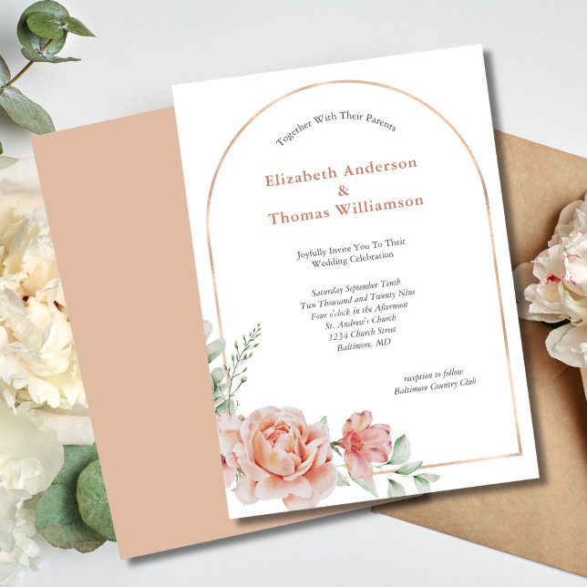 Convites Arco Floral Rosa Bege Elegante Casamento (Peach Floral Elegant Modern Arch Wedding invitation)