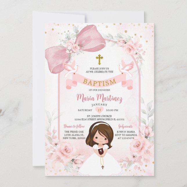 Convites Arco Floral Rosa Bege Menina Baptismo (Frente)