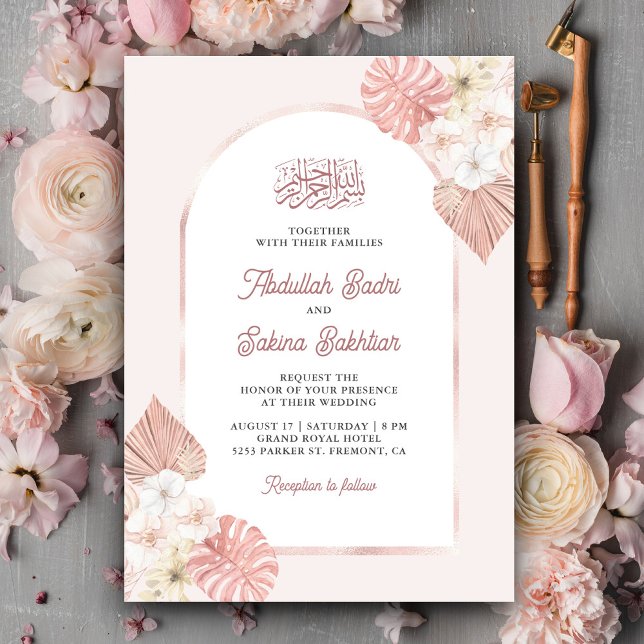 Convites Arco Floral Rosa Boho Código QR Casamento Muçulman (Criador carregado)