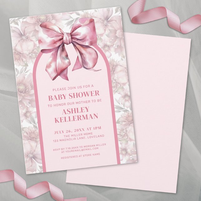 Convites Arco Floral Rosa Chás de Bebê Menina (Floral Bow Pink Girl Baby Shower Invitation)