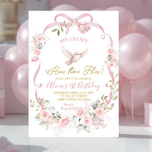 Convites Arco Floral Rosa Coquette Bird Aniversário de 1 An