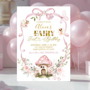 Convites Arco Floral Rosa Coquette Fada Primeiro Aniversári
