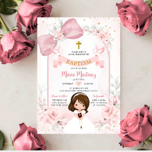 Convites Arco Floral Rosa Corado Menina Baptemo Pomba