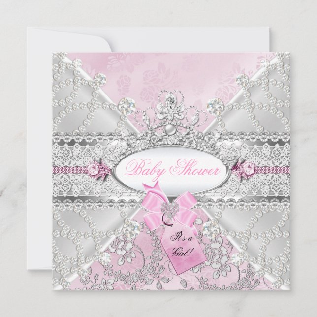 Convites Arco Floral Rosa Prata Chuveiro de Bebê Diamantes (Frente)