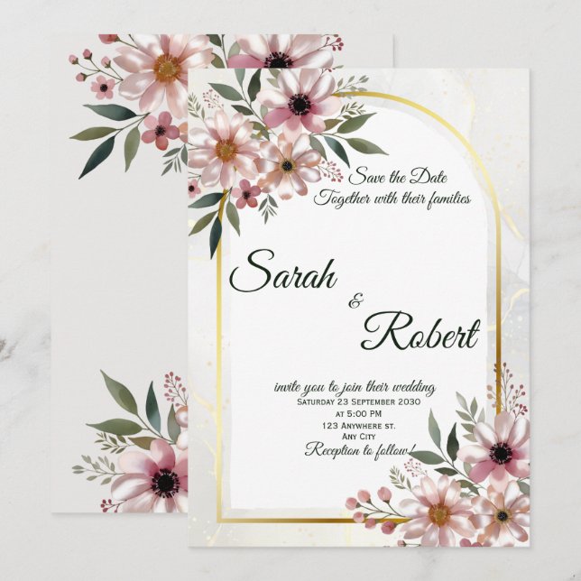 Convites Arco Floral Rosa Suave Casamento Salve a Data (Frente/Verso)