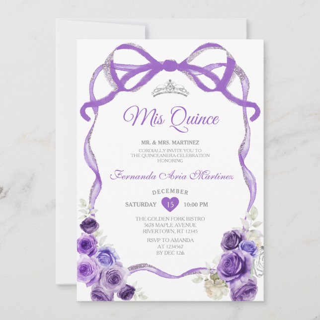 Convites Arco Floral Roxo Fita Prata Coroa Mis Quince (Frente)