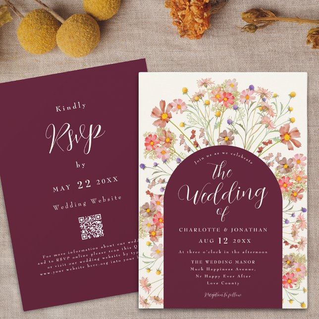 Convites Arco Floral Rústico Boho Borgonha Casamento (Boho fall rustic wildflower floral arch burgundy ivory cream wedding qr code invitation Watercolor)