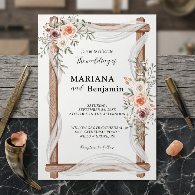 Convites Arco Floral Rústico para Casamento com Rosas Cor-d (Criador carregado)