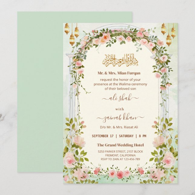 Convites Arco Floral Script Walima Casamento Islâmico (Frente/Verso)