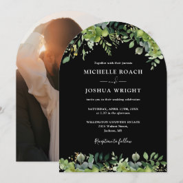Convites Arco Floral Verde Foto Preto e Branco Casamento
