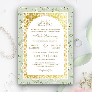 Convites Arco Floral Verde Musgo Dourado Casamento Muçulman