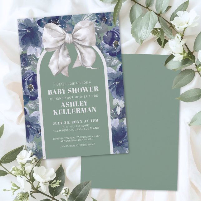Convites Arco Floral Verde Sage para Chá de Bebê (Sage Green Floral Bow Baby Shower Invitation)