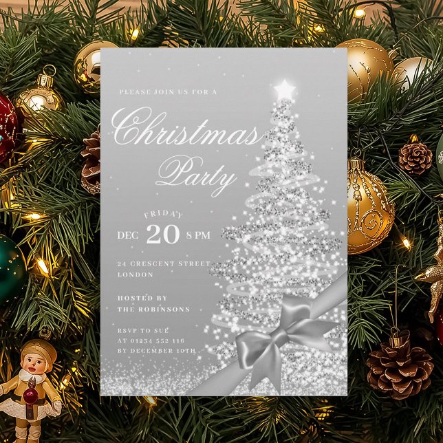 Convites Arco Formal de Natal de Inverno Prateado de Férias (Formal Silver Winter Christmas Tree Bow Holiday Invitation)