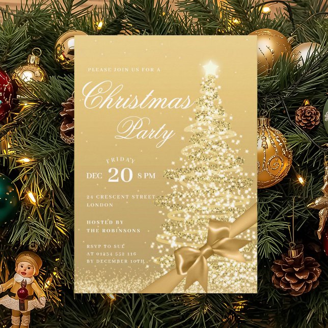 Convites Arco Formal Dourado de Natal Árvore de Natal  (Formal Gold Winter Christmas Tree Bow Holiday Invitation)