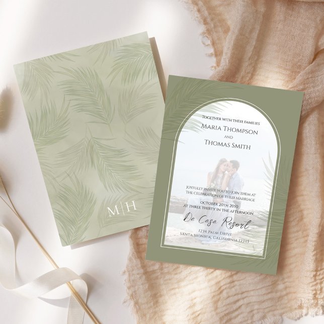 Convites Arco Fotográfico Elegante Boho Palm Deixa Casament (Elegant palm leaves photo wedding invitation.)