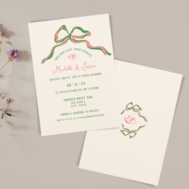 Convites Arco Francês Retroativo Contemporâneo Desenhado À  (green and pink hand drawn illustration with a bow and two hearts)