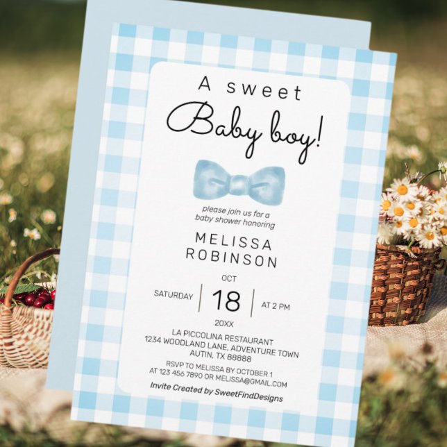 Convites Arco Gingham Baby Boy Chá (Bow Gingham Baby Boy Shower Invitation)