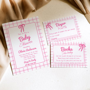Convites Arco Gingham Desenhado à Mão Rosa Festa de Bebê Me