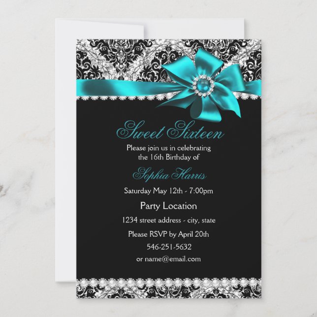 Convites Arco Glitter Damask & Teal Jewel Sweet 16 Invite (Frente)