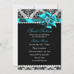 Convites Arco Glitter Damask & Teal Jewel Sweet 16 Invite