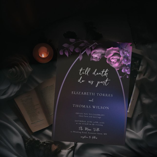 Convites Arco Gótico Casamento Floral Romântico Roxo Roxo (moody romantic dark purple gothic till death do us part wedding invitation roses floral modern goth)