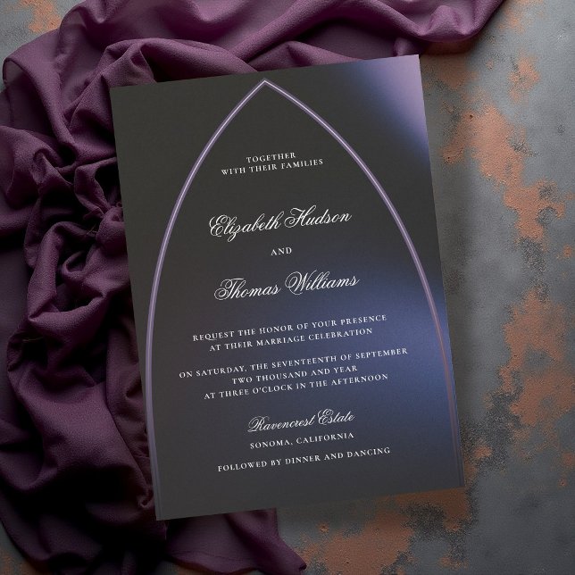 Convites Arco Gótico Casamento Minimalista Azul Roxo (gothic wedding invitation minimalist arch blue purple dark moody modern classic formal elegant)