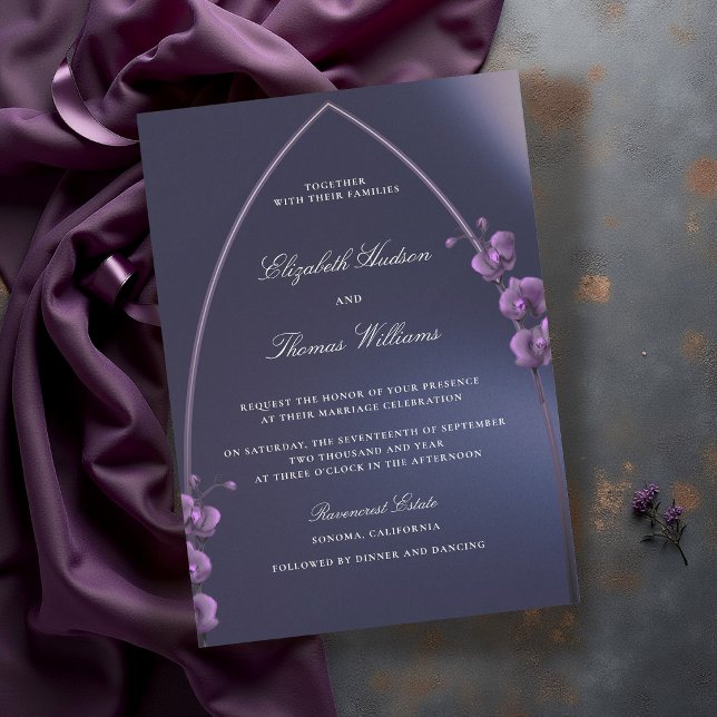 Convites Arco Gótico Casamento Orquídeas Roxas Azul Sombrio (gothic arch wedding invitation purple blue navy orchids minimalist modern classic elegant moody dark)