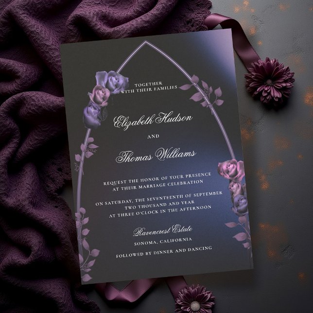 Convites Arco Gótico Romance Sombrio Casamento Azul Roxo (gothic arch wedding invitation blue purple floral orchid rose moody dark romantic elegant classic)