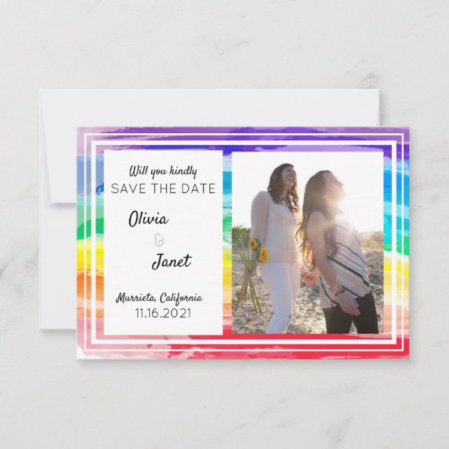 Convites Arco-íris Aquarela Casamento Salvar a Data FOTO (Frente)