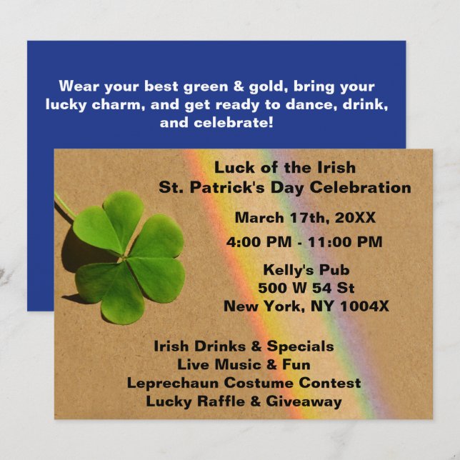 Convites Arco-íris Azul & Trevo Verde Irlandês Bebendo   (Frente/Verso)