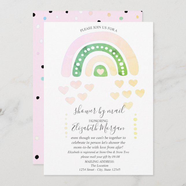Convites Arco-Íris Bonito,Corações,Pontos,Chá de fraldas Po (Frente/Verso)