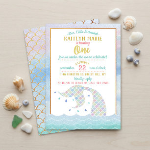 Convites Arco-íris Chic Mermaid aquarela 1º Aniversário