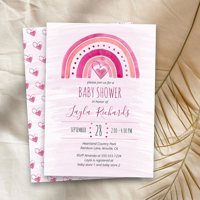 Convites Arco-Íris Coração Aquarela Chá de fraldas Cor-de-Á (Pink Rainbow girl baby shower  invitation)