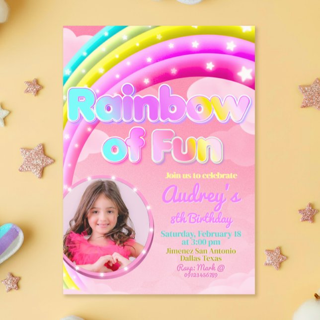 Convites Arco-íris de Diversão com Imagem (Rainbow of Fun - Girl Birthday Invitation with Photo)