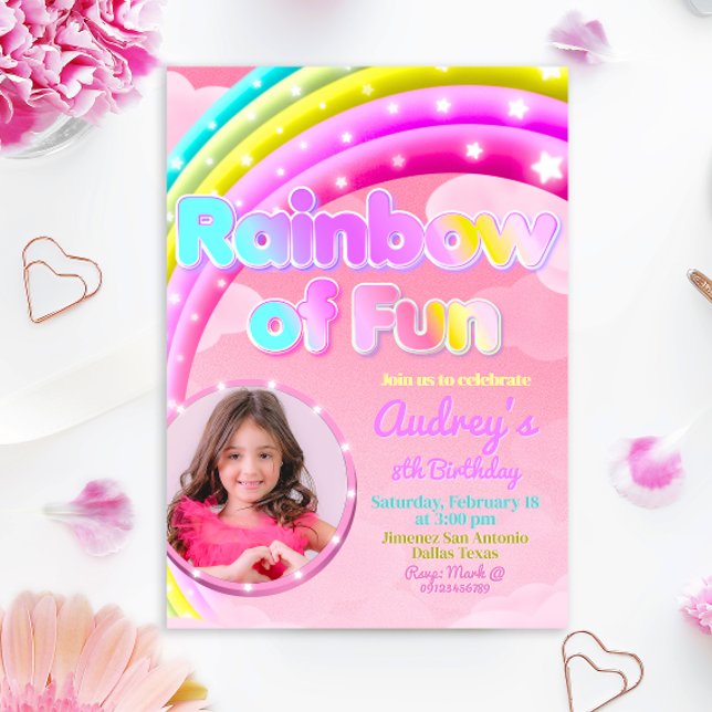 Convites Arco-íris de Diversão com Imagem (Rainbow of Fun - Girl Birthday Invitation with Photo)