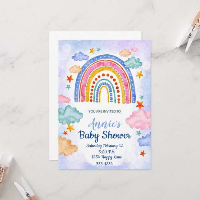 Convites Arco-íris desenhado à mão em pastel  (Frente/Verso In Situ)