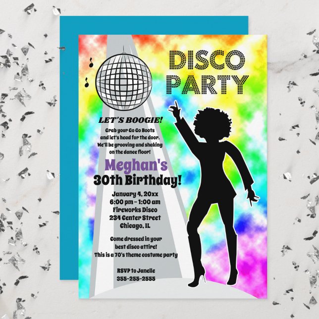 Convites Arco-íris Disco Tie Dye Aniversariante Retro (Disco Party Retro Tie-Dye Invitation)
