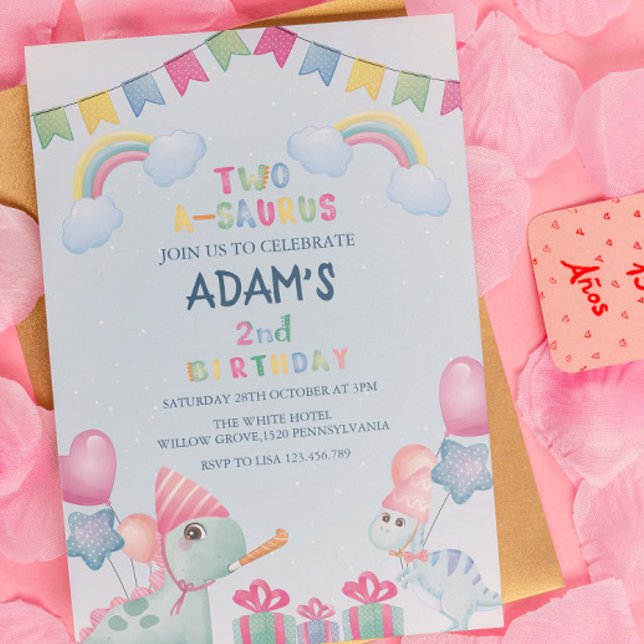 Convites Arco-Íris dois-a-saurus segundo aniversário Dinoss (Criador carregado)