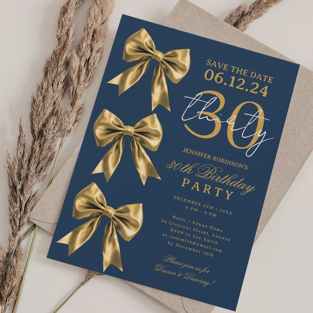 Convites Arco-íris Dourado Save Date 30º Aniversário Azul M (Gold Coquette Bow Save Date 30th Birthday Navy Invitation)