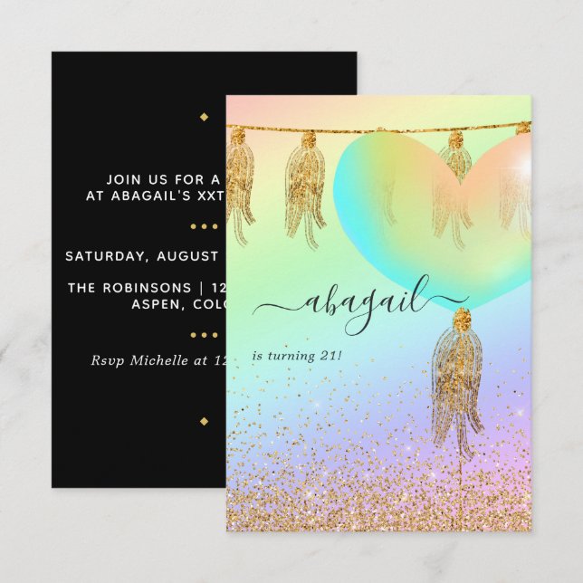 Convites Arco-íris e Festa de aniversário Dourada e rosa (Frente/Verso)