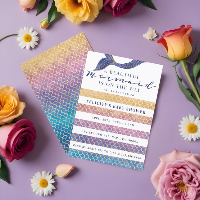 Convites Arco-Íris + Escalas de Sereia Dourada e Chá de fra (Rainbow + Gold Mermaid Scales & Stipe Baby Shower Invitation)