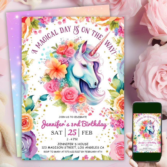 Convites Arco-Íris Floral do Unicorn aniversário de 3 anos (
#UnicornBirthdayInvitation #UnicornBirthdayInvitationTemplate #UnicornBirthdayInvitationEditable 
)