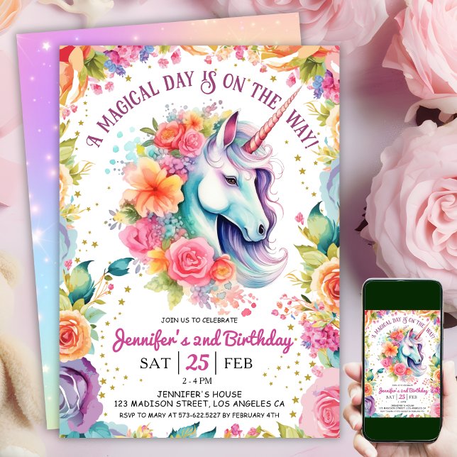 Convites Arco-Íris Floral e Estrelas do segundo aniversário (#UnicornBirthdayInvitation #UnicornBirthdayInvitationTemplate #UnicornBirthdayInvitationEditable 
)