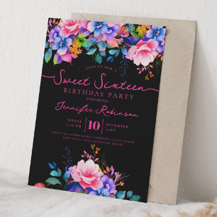 Convites Arco-íris Floral Feminino Preto Aniversário de 16 