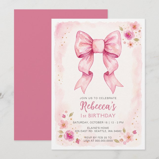 Convites Arco Íris Floral Rosa Coquette Aniversário (Frente/Verso)